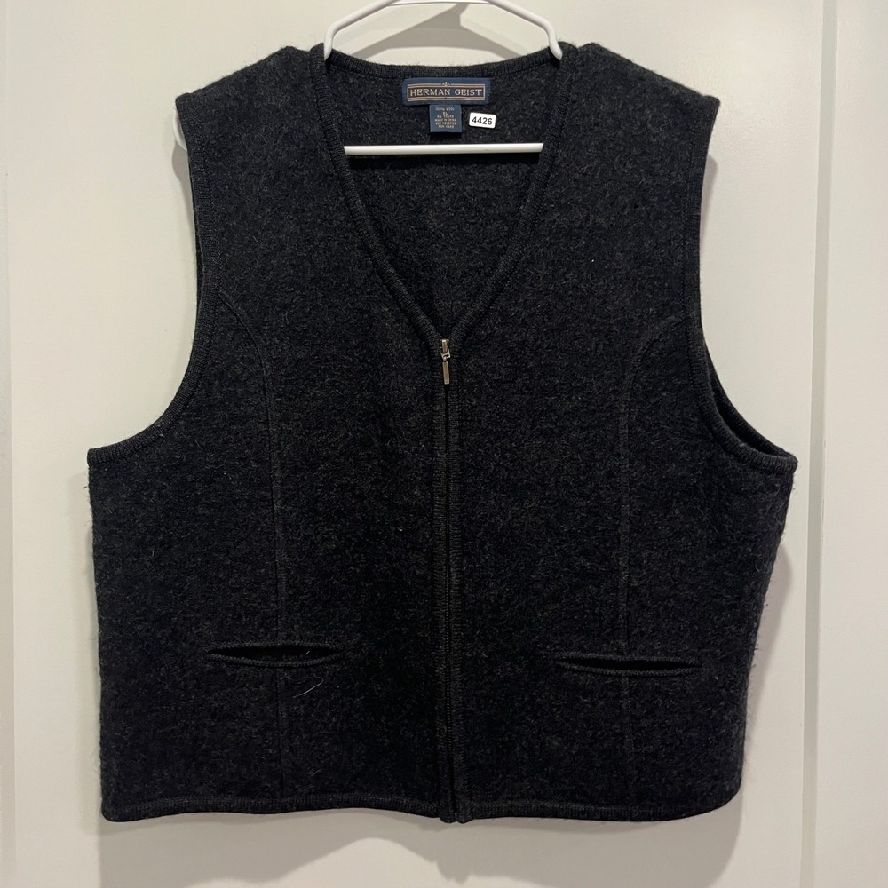 Herman Geist Mens XL Wool Full Zip Sweater Vest Charcoal Gray Boiled Wool V-Neck
